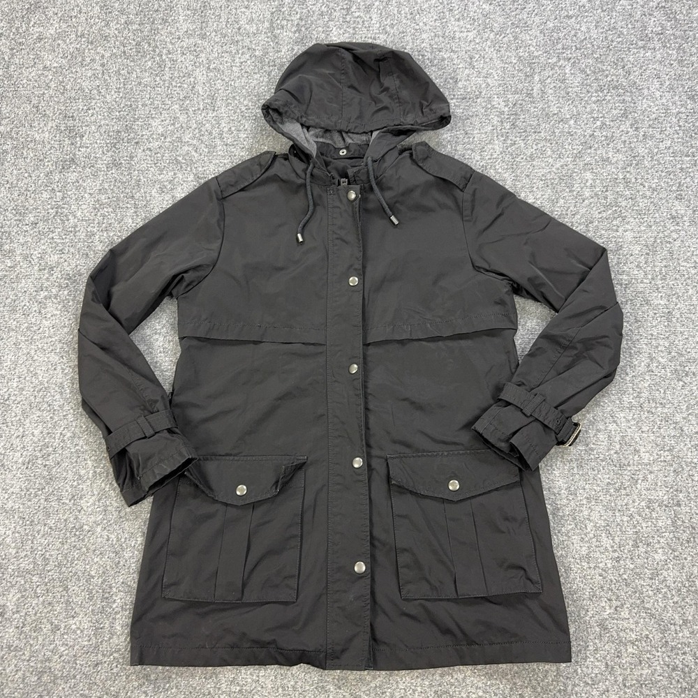 Gap Coat Womens‎ Small Black Hooded Microfiber Trench Full Zip Pockets Lined